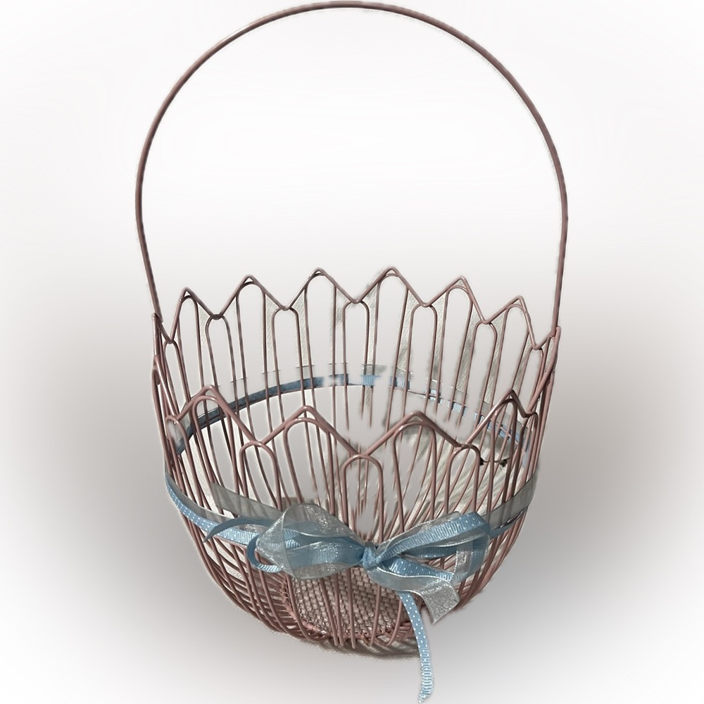 💥Vintage Coated Wire Easter Basket Handle Pink Ribbon Blue Decor Metal Decor